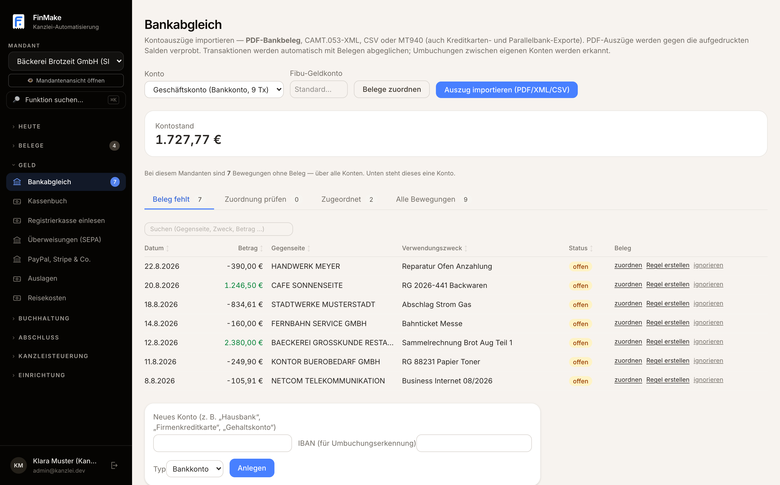 Der Bankabgleich: importierter Kontoauszug, sieben offene Bewegungen, zwei automatisch zugeordnete, Aktionen je Zeile.